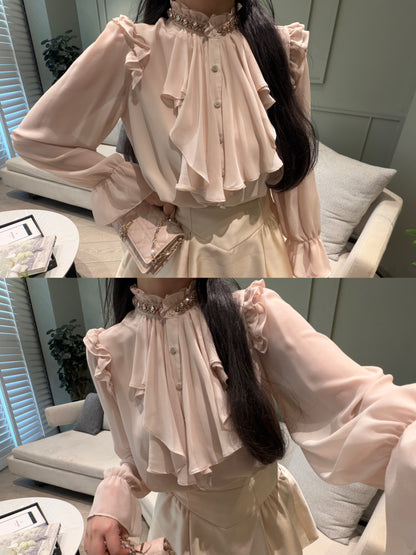 [Workwear] Ruffle Pink & Beige Chiffon Shirt (Q053)