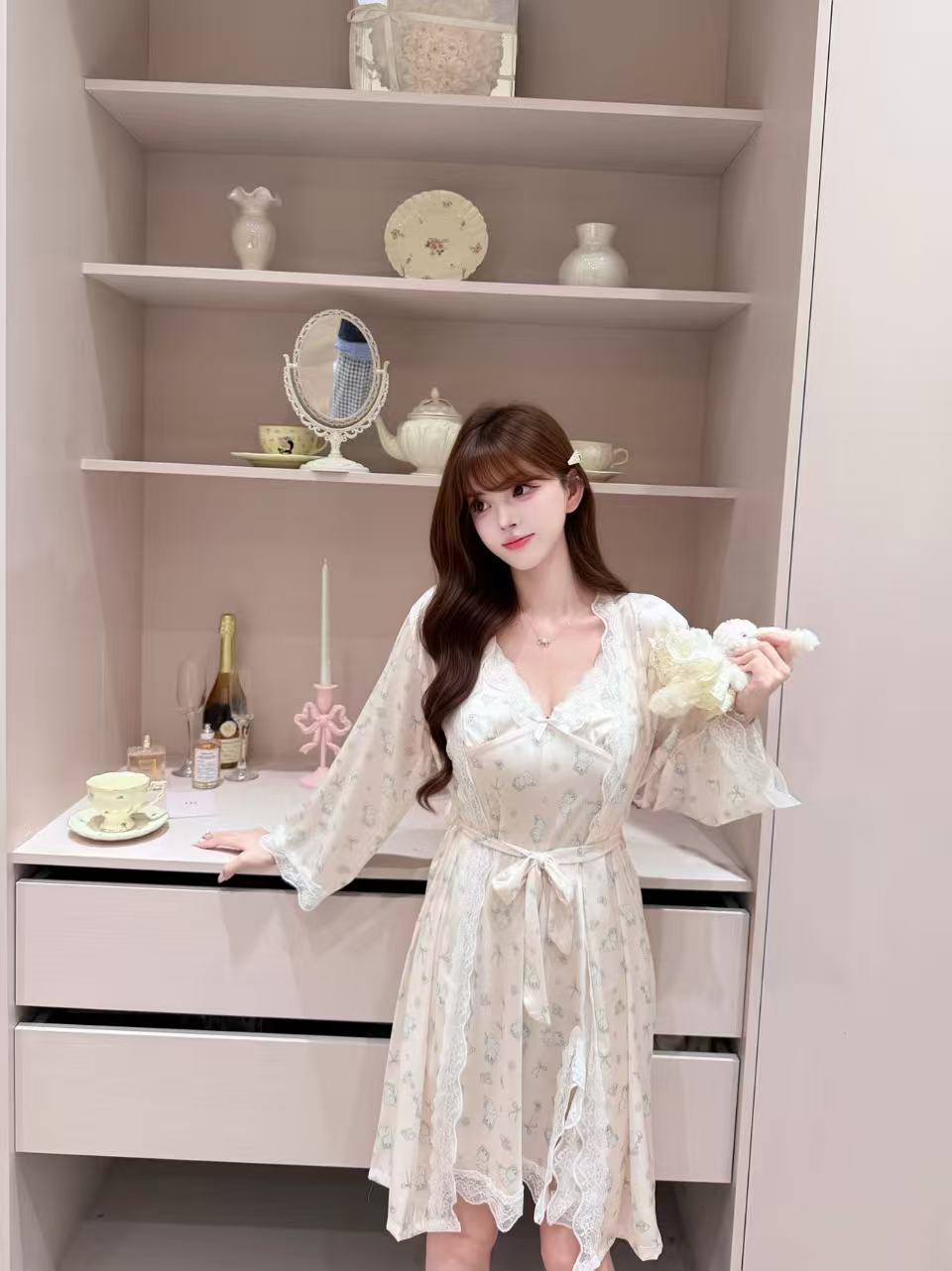 [Pajamas] Padded Cami Slip Dress + Robe Sleepwear Set (SY073)