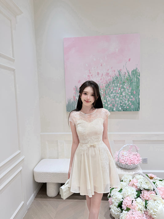 [Girlgod] Beaded Lace Mesh Overlay A-Line Dress (QF099)