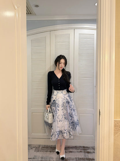 [Elegant] V-Neck Long Sleeve Knit Top & Printed Midi Skirt Two-Piece Set (MYQ-05/Q1308)
