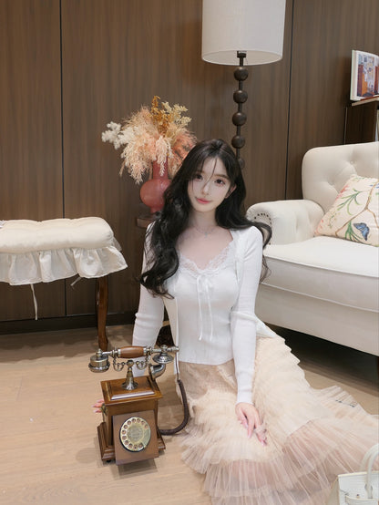[Romantic] Lace Trim Cami and Knit Cardigan Set (QH-020)