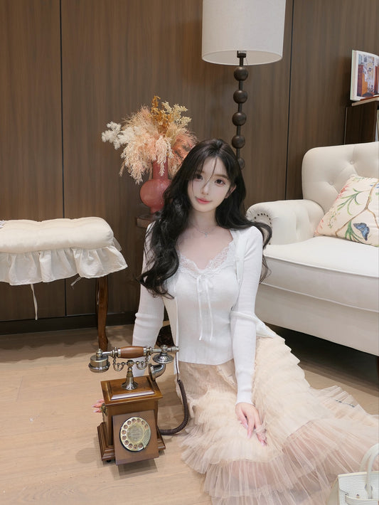 [Romantic] Lace Trim Cami and Knit Cardigan Set (QH-020)