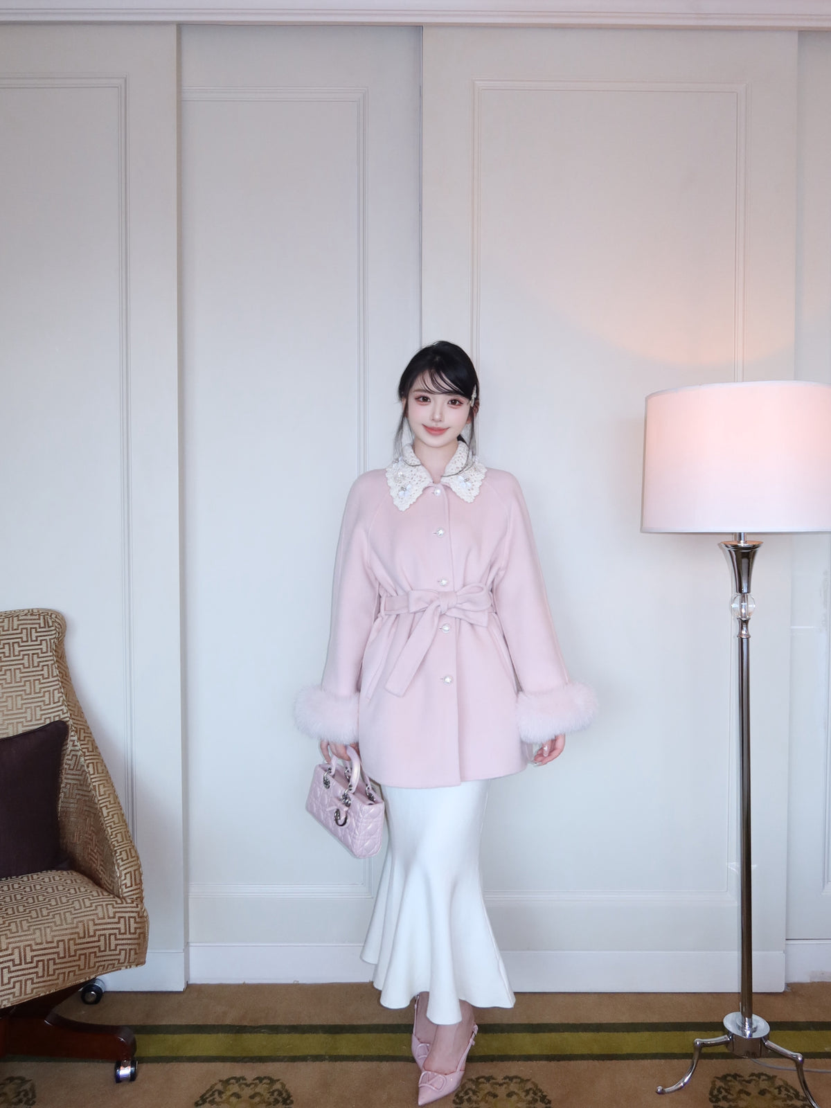 ⁠[Girly] Beaded Crochet Collar Fur Trim Belted 100% Australian Wool Coat (YRDY-015)