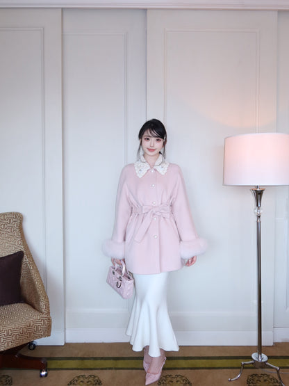 ⁠[Girly] Beaded Crochet Collar Fur Trim Belted 100% Australian Wool Coat (YRDY-015)