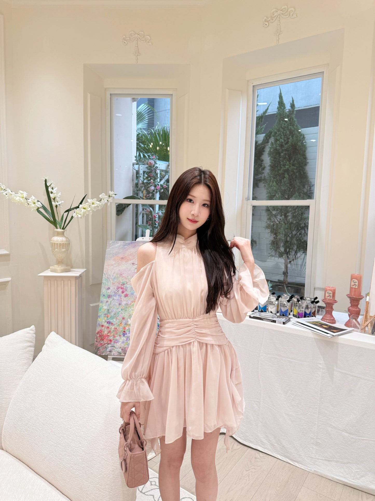 [Celebrity] Elegant Pink & Beige Dress (Q1037)