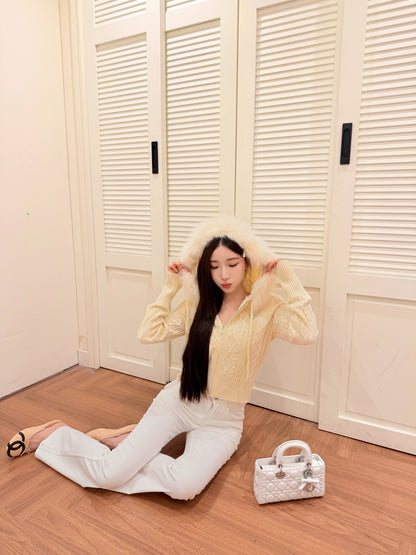[Coquette] Fox Fur Collar Zip-Up Knit Cardigan (MY5812)