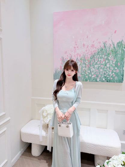[Elegant] Ruffle Cami + Knit Cardigan + Flared Midi Skirt 3-Piece Set (QF110+QF111)