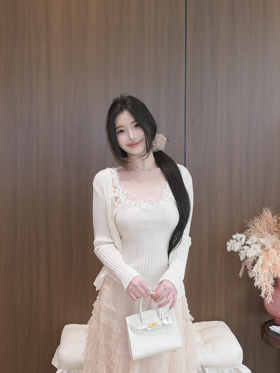 [Dating] Pearl Lace Trim Cami and Knit Cardigan Set (QH-08)