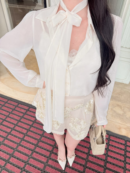 [Bestseller] French Tie-Neck Bow Chiffon Blouse (Q1382)