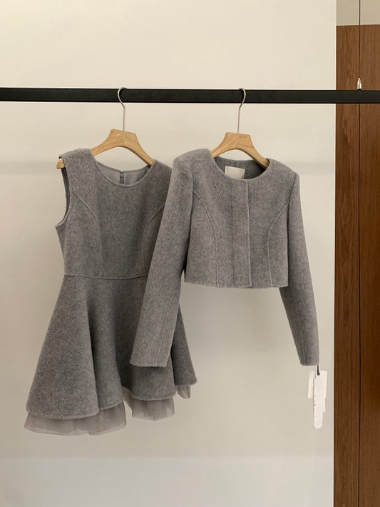 [Luxury] 100% Wool OL Onepiece Dress + Jacket Set (with belt)