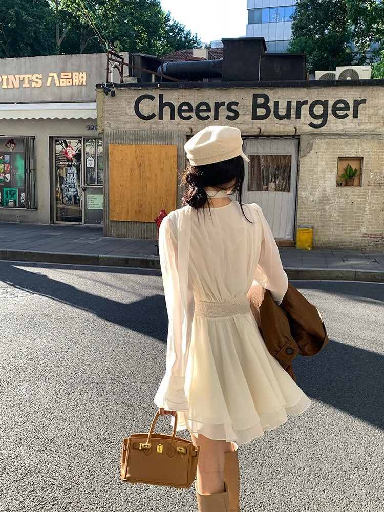 [Girly] White label V-neck Long-sleeve Elegant Dress