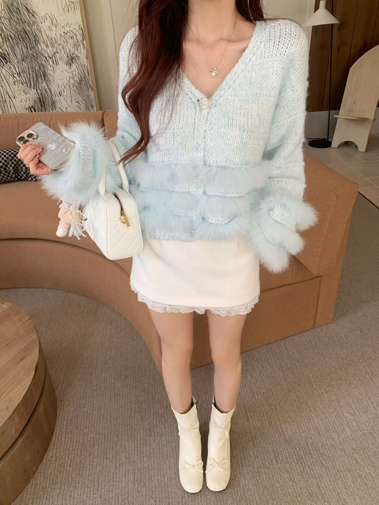 [Fluffy] Fox fur + Wool Cardigan