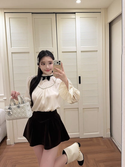 [Coquette] Pleated Chiffon Bow Blouse (Q1516)