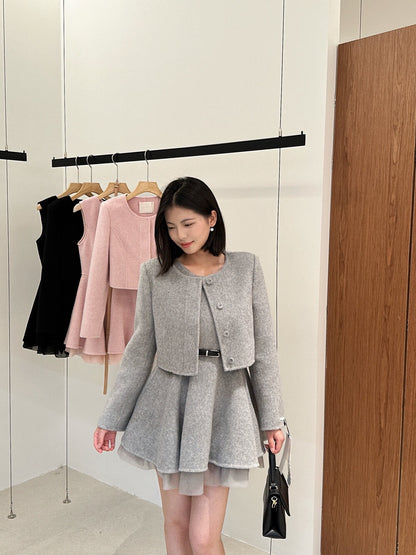 [Luxury] 100% Wool OL Onepiece Dress + Jacket Set (with belt)