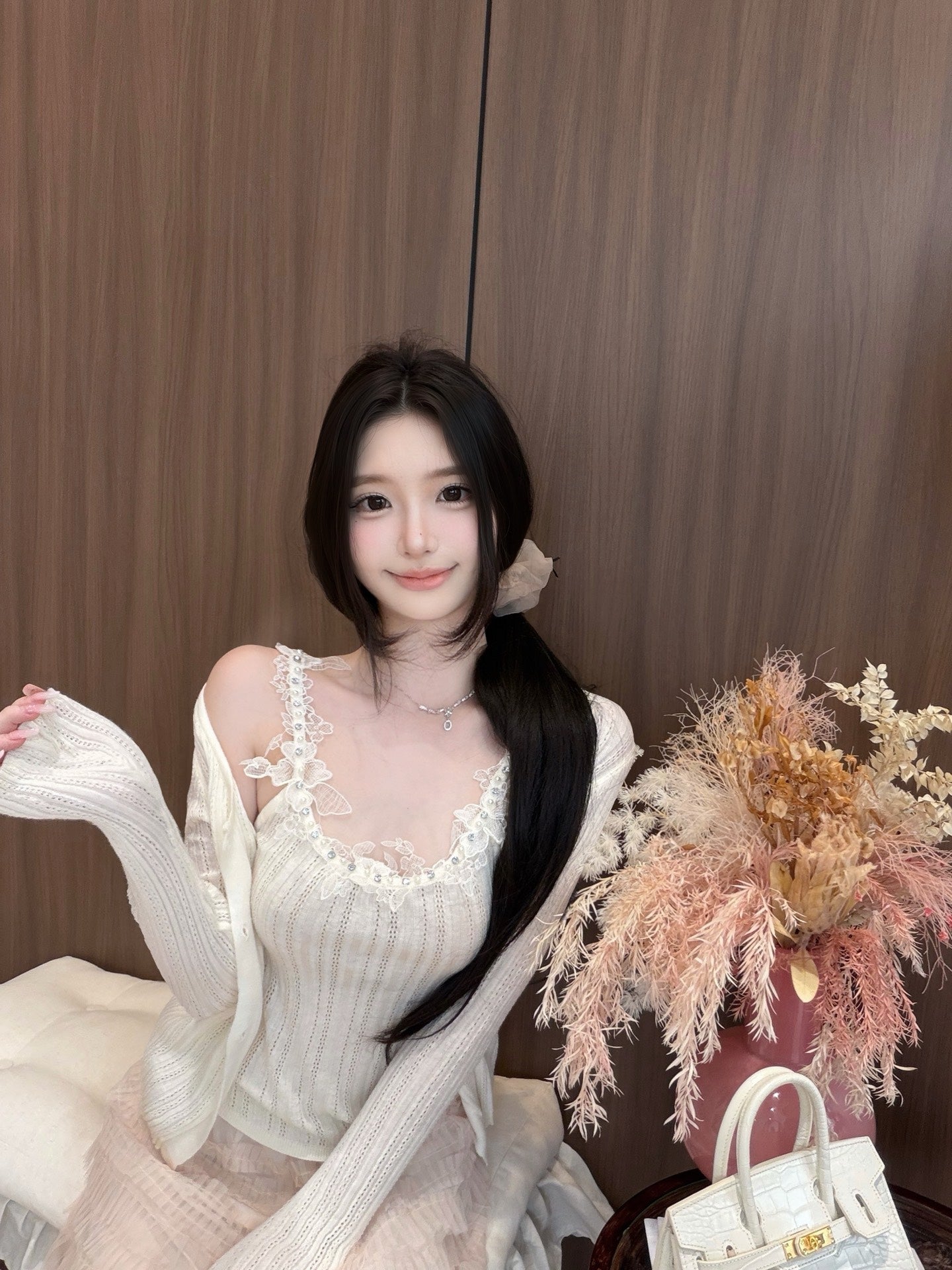 [Dating] Pearl Lace Trim Cami and Knit Cardigan Set (QH-08)