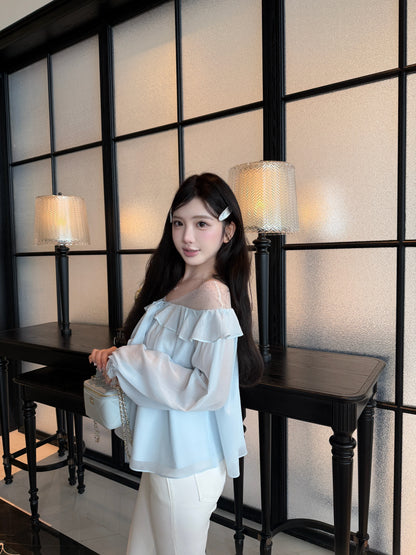 [Bling Bling] Girly Ribbon Blue & White Top (Q089)