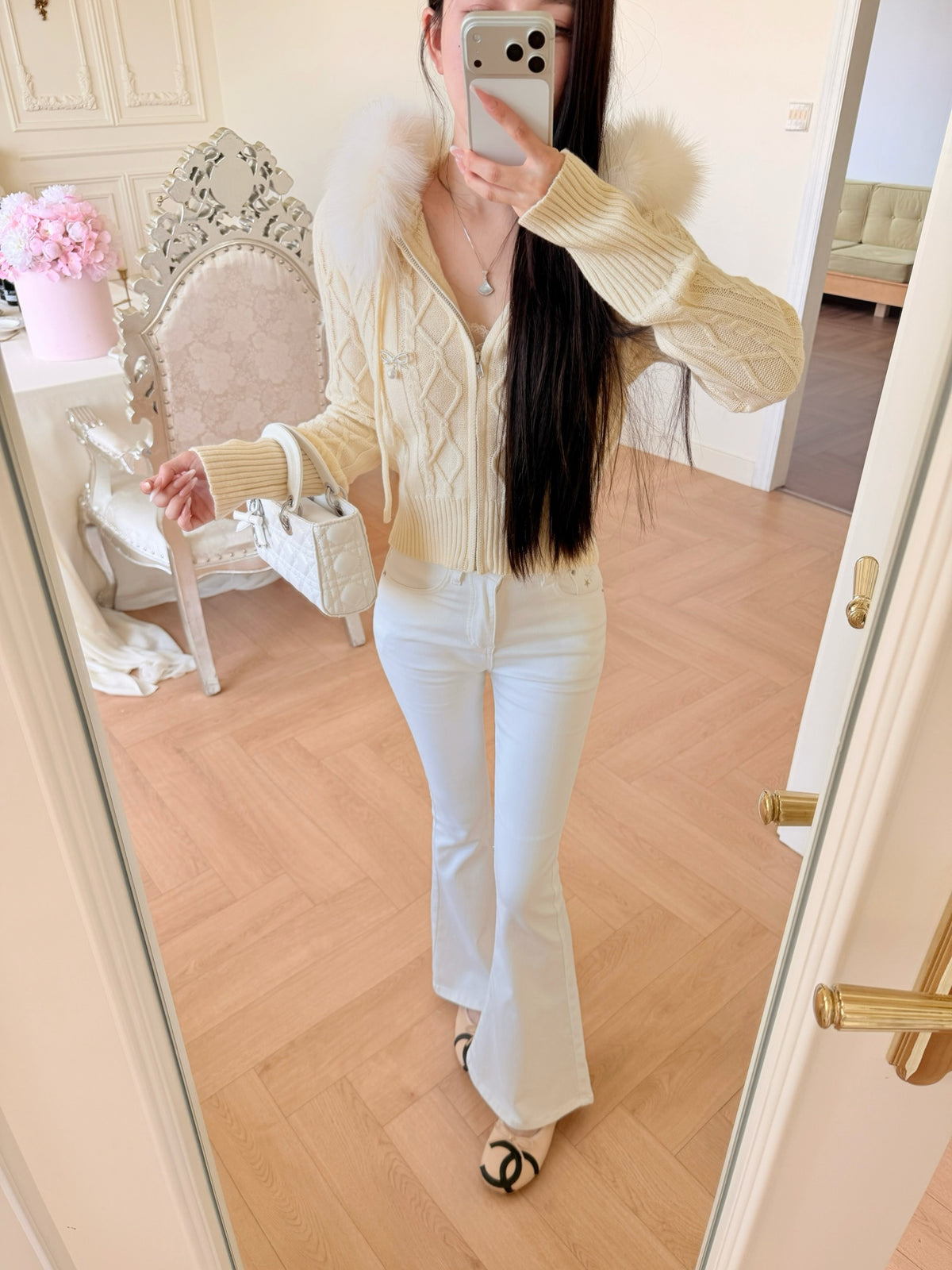 [Coquette] Fox Fur Collar Zip-Up Knit Cardigan (MY5812)
