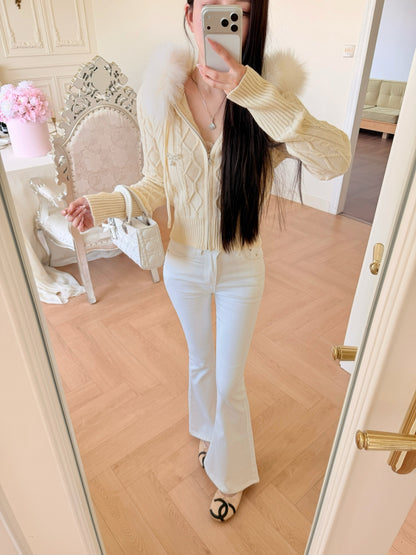 [Coquette] Fox Fur Collar Zip-Up Knit Cardigan (MY5812)