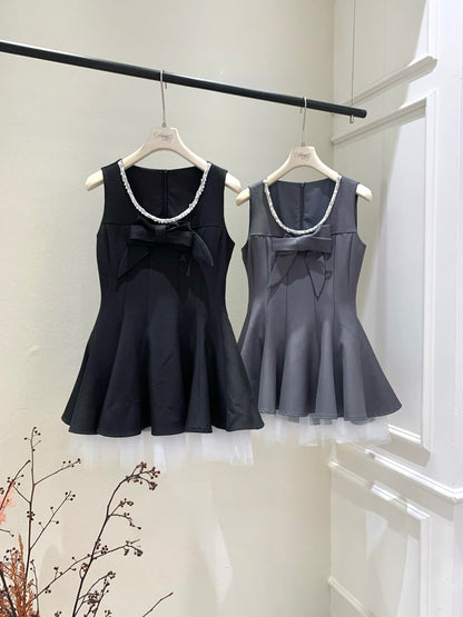 [Coquette] Pearl Beaded U-Neck Bow Mini Dress with Tulle Hem (Q1510)⁠