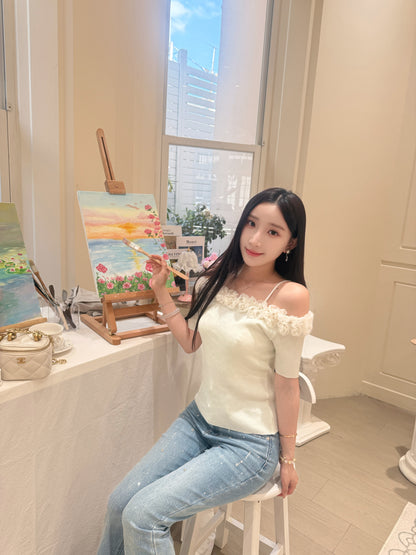 [Girly] Off-shoulder Knitted Green & Beige Top (QF008)