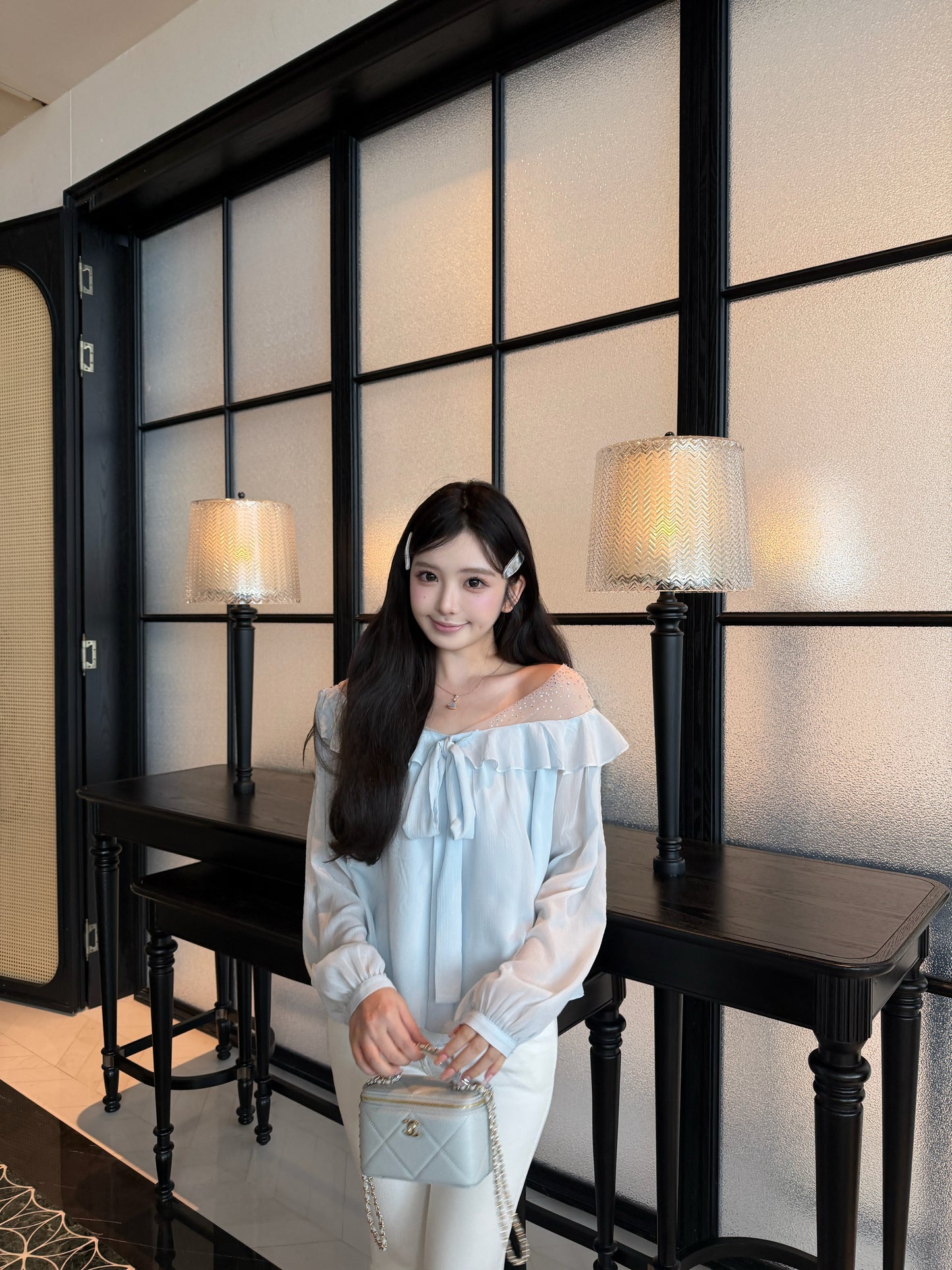 [Bling Bling] Girly Ribbon Blue & White Top (Q089)