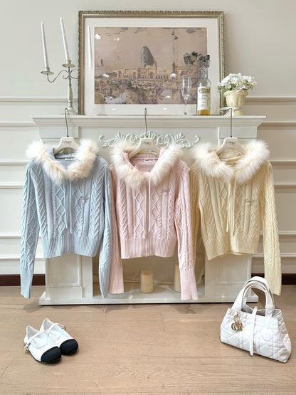 [Coquette] Fox Fur Collar Zip-Up Knit Cardigan (MY5812)