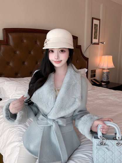 ⁠[Stylish] Fox Fur Collar Belted Double-Faced Wool Short Coat (YRDY-022)⁠