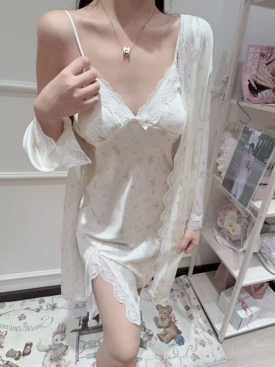 [Pajamas] Padded Cami Slip Dress + Robe Sleepwear Set (SY073)