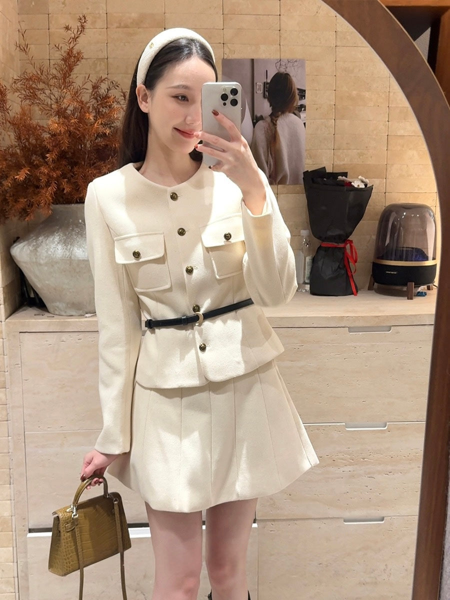 [Workwear] OL Tweed Blazer+Pleated Skirt Set (with Belt)