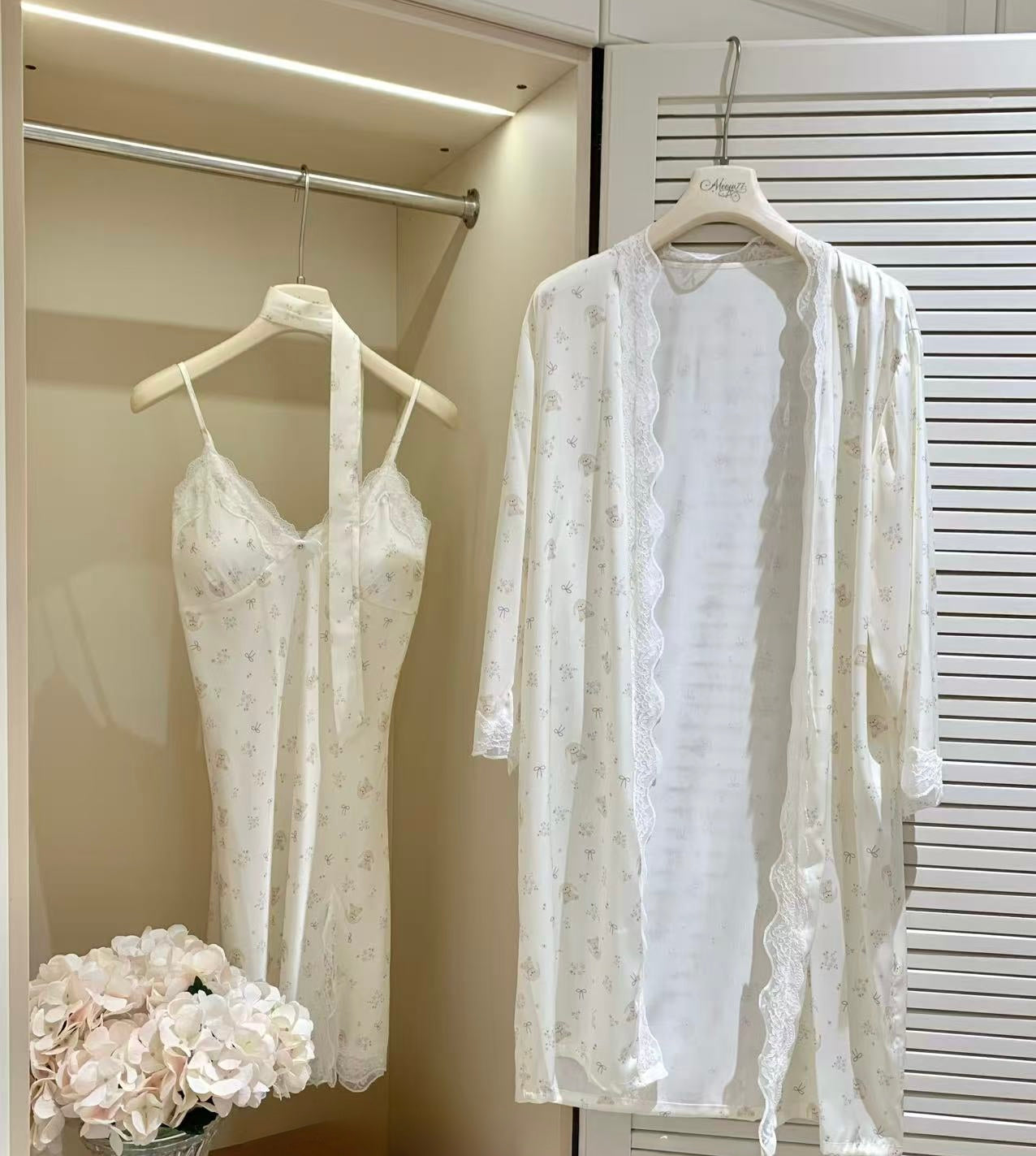 [Pajamas] Padded Cami Slip Dress + Robe Sleepwear Set (SY073)