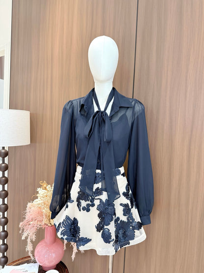 [Bestseller] French Tie-Neck Bow Chiffon Blouse (Q1382)