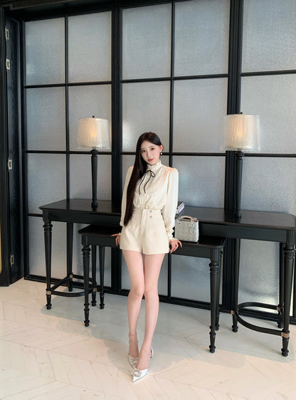 [Workwear] Sleek Beige & White Button-Up Shirt (QO050)