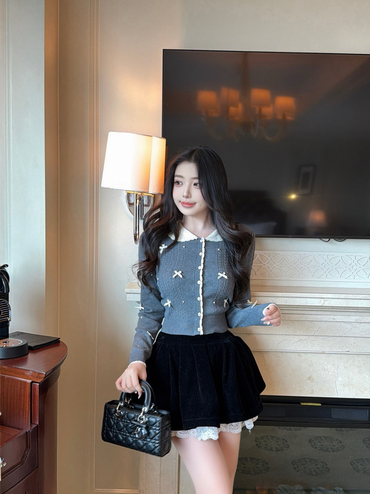 ⁠[Coquette] Doll Collar Ribbon Beaded Knit Cardigan (MY5813)⁠