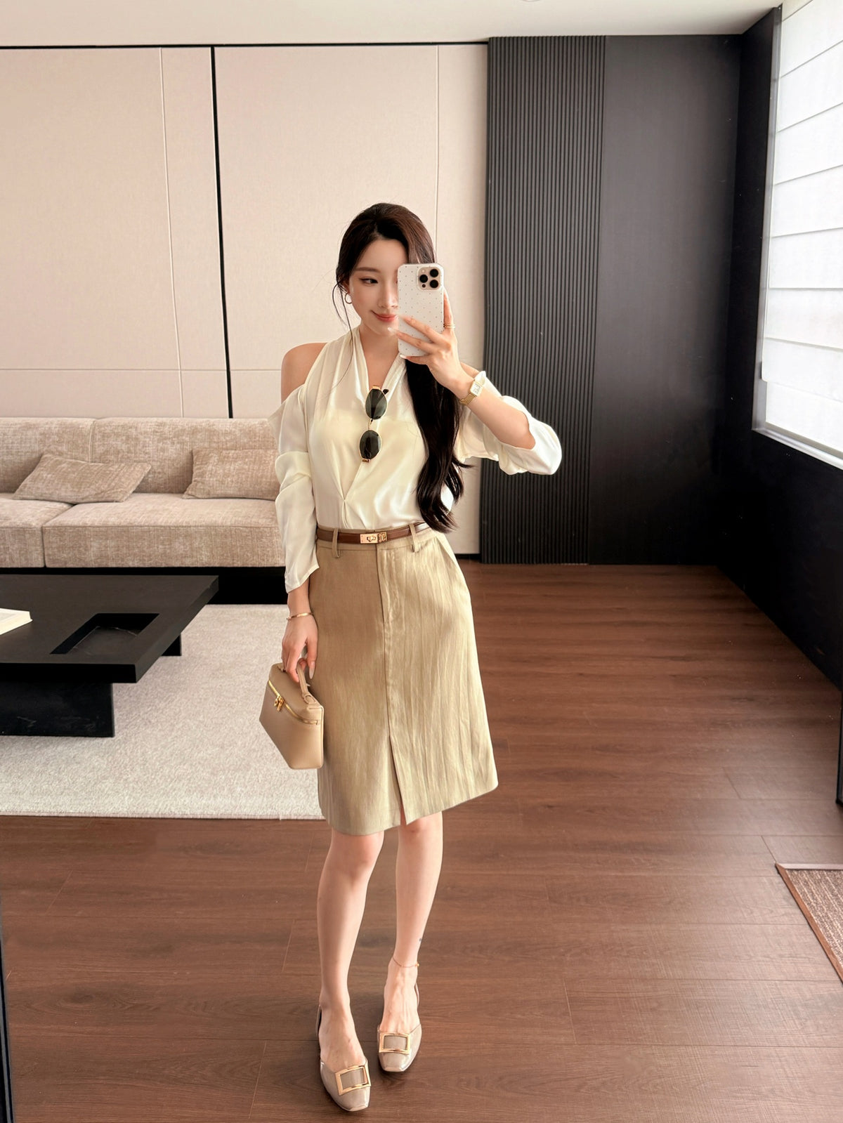 [Lumi Premium] French Silk Blouse & Linen Skirt + Belt Set