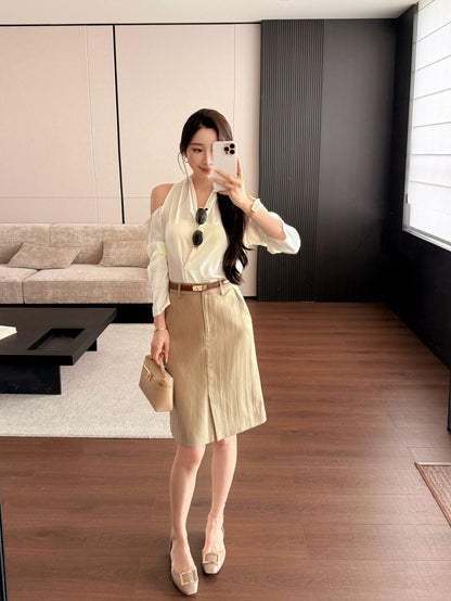 [Lumi Premium] French Silk Blouse & Linen Skirt + Belt Set