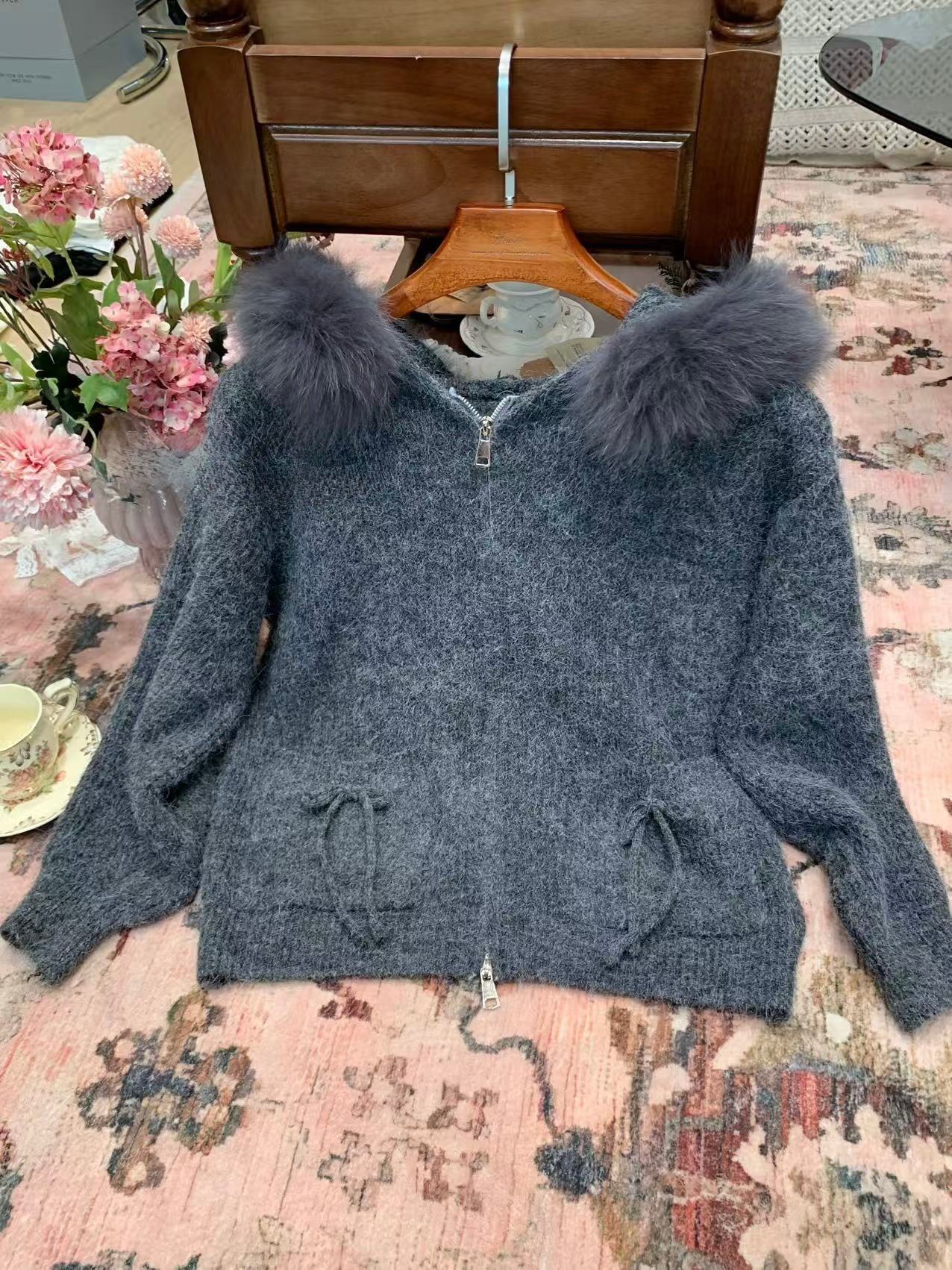 [Girly] 100% Wool Zip-up Sweater (Fox Fur Hat)