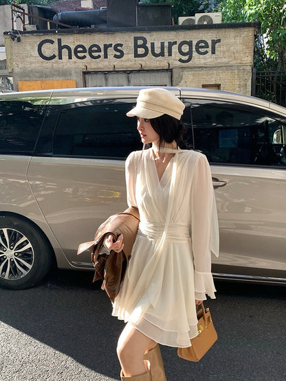 [Girly] White label V-neck Long-sleeve Elegant Dress