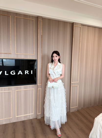 [Office to Date] Tailored Blazer Vest + Sequin Tiered Tulle Skirt Set (Q1212+Q1181)