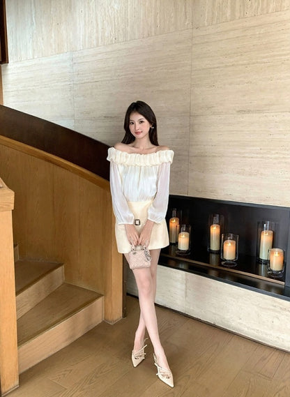 [Stylish] White Label Off-Shoulder Chiffon Top