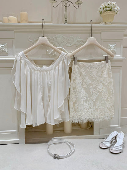 [Coquette] Chiffon Lace V-neck Blouse with Belt (Q1209)