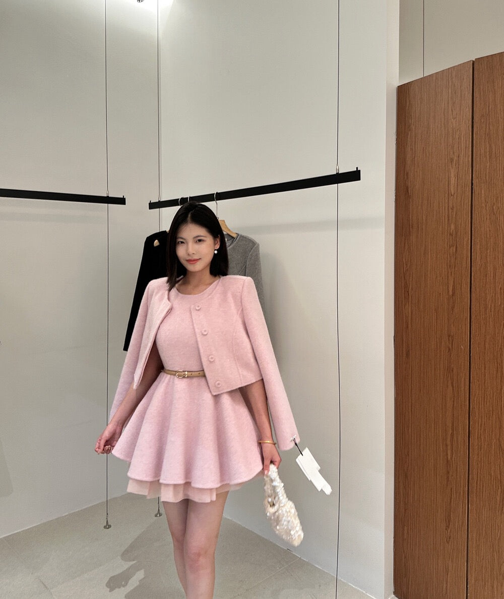 [Luxury] 100% Wool OL Onepiece Dress + Jacket Set (with belt)