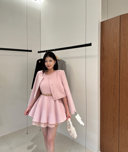 [Luxury] 100% Wool OL Onepiece Dress + Jacket Set (with belt)