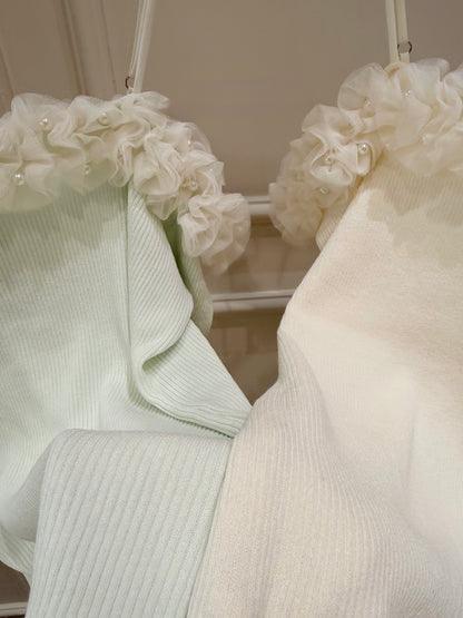 [Girly] Off-shoulder Knitted Green & Beige Top (QF008)