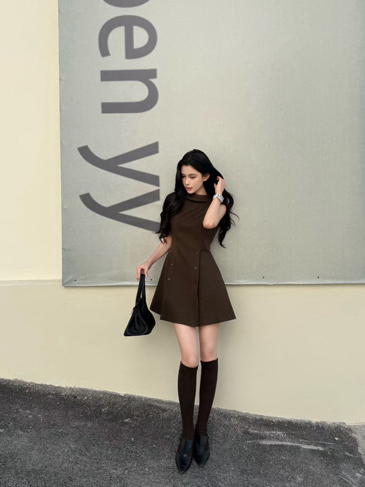 [Stylish] Stand Collar Sleeveless Work Dress (V26021)