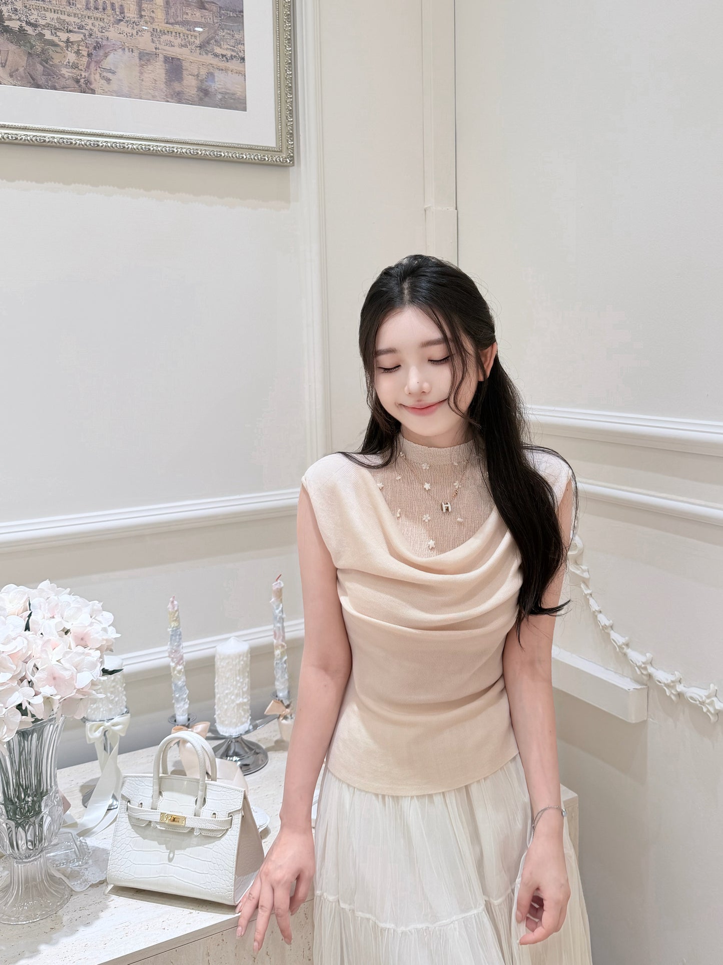 [Luxury] Handmade Pearl Cowl Neck Knit Top (QF033)