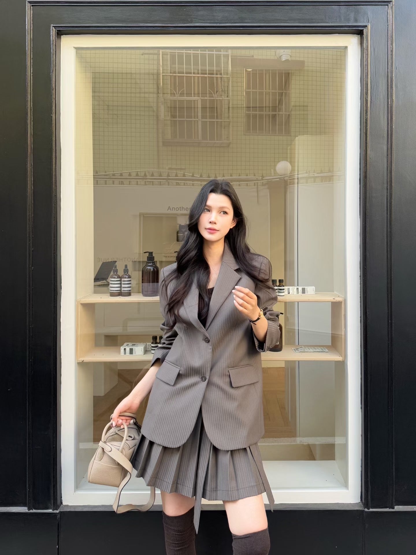 [Miu Style] Stripes Blazer + Pleated Skirt Set