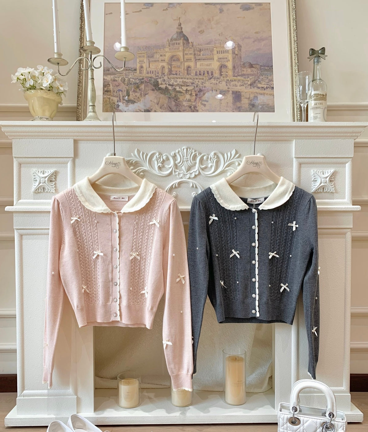 ⁠[Coquette] Doll Collar Ribbon Beaded Knit Cardigan (MY5813)⁠