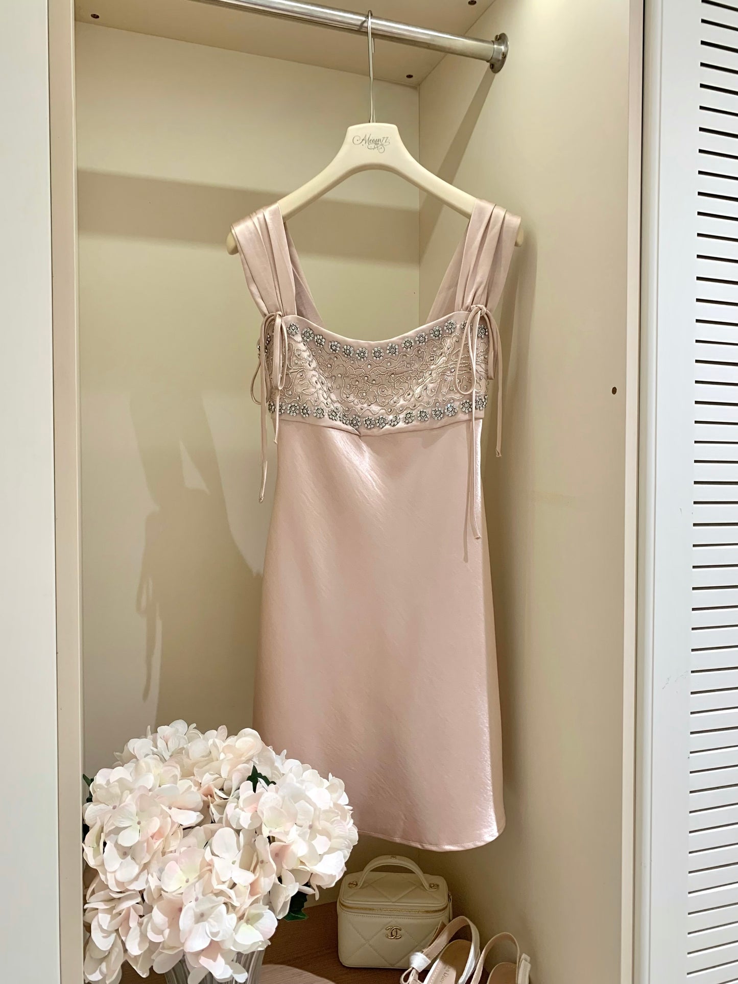 [Luxury] Beaded Satin A-Line Mini Dress (QF059)