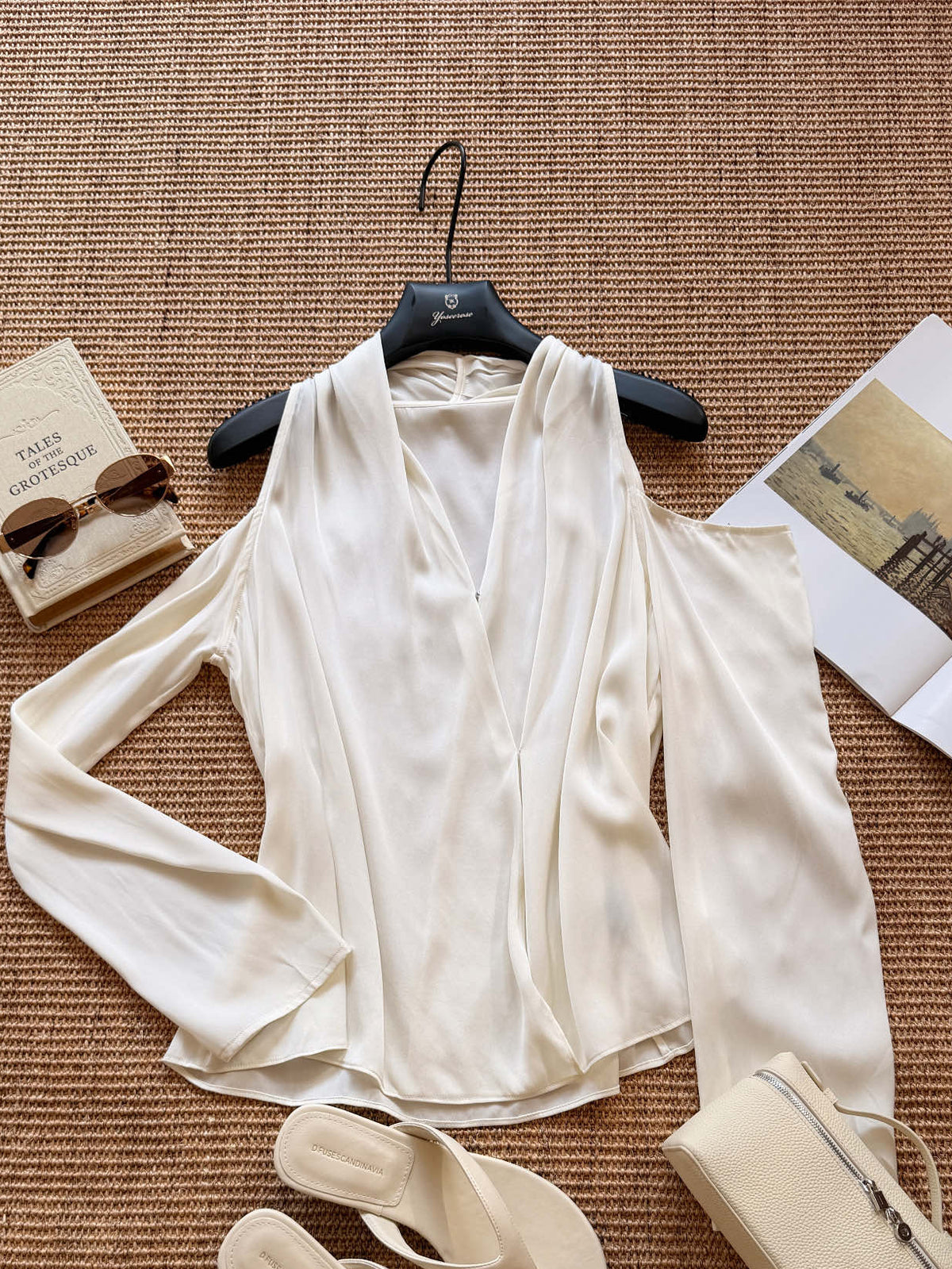 [Lumi Premium] French Silk Blouse & Linen Skirt + Belt Set