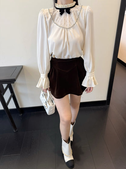 [Coquette] Pleated Chiffon Bow Blouse (Q1516)